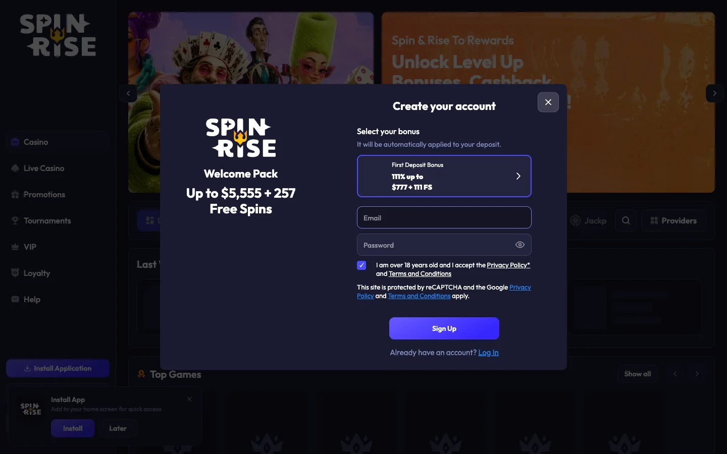 Spinrise Casino sign up screen for Australia showing the first deposit bonus selector